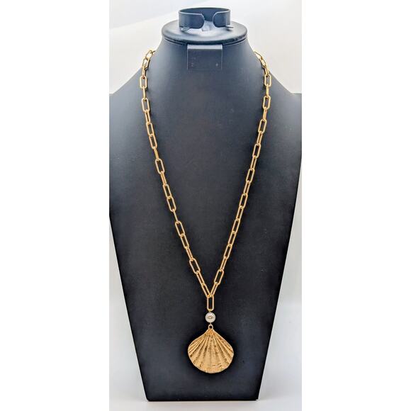 Gold Tone Clam Shell Faux Pearl Paper Clip Long Chain 28.25"-31.25" Necklace - Picture 7 of 7